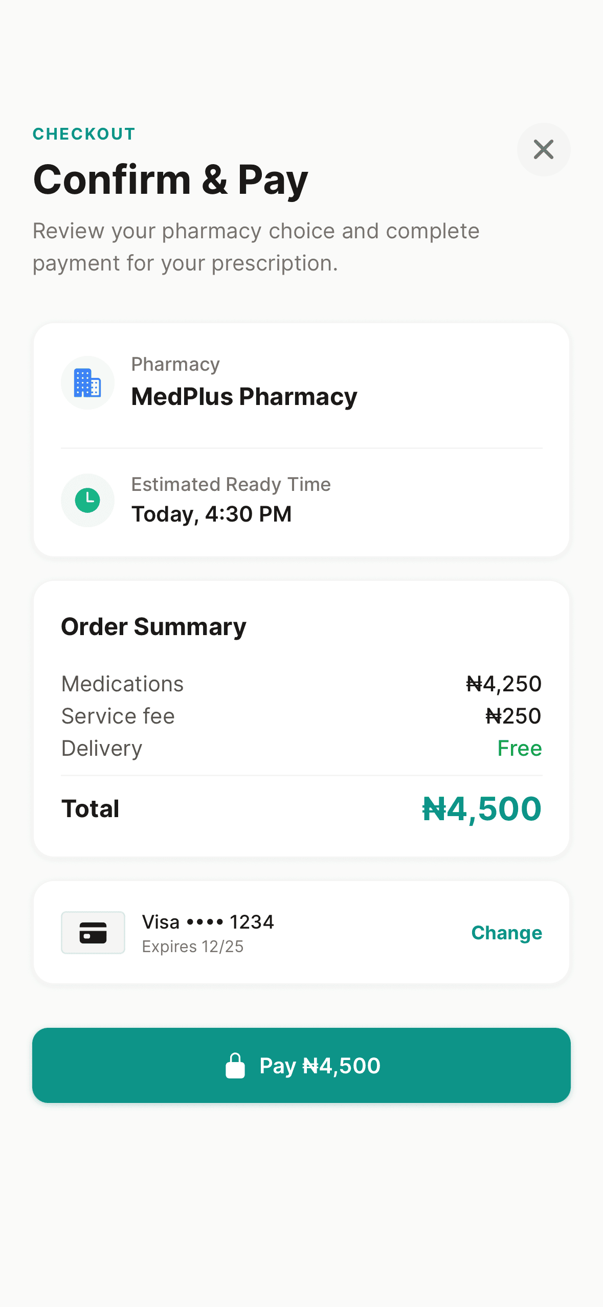 Prescript app checkout and payment screen